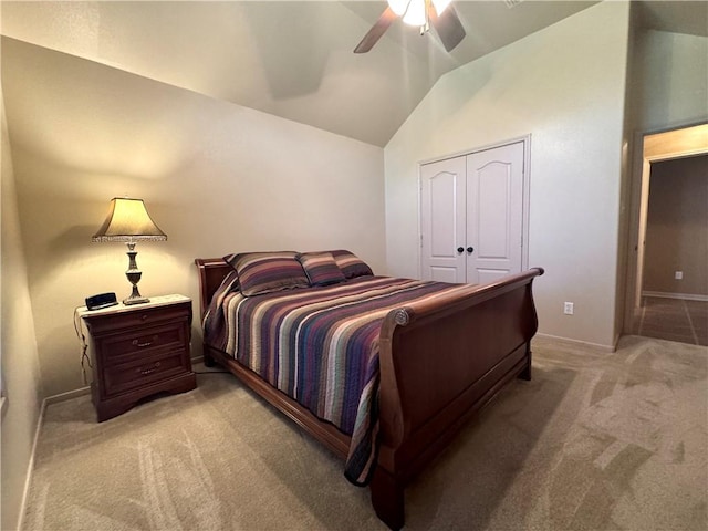 7605 Bayonne Dr, Corpus Christi, TX 78414 - bedroom featuring light carpet, lofted ceiling, a ceiling fan, and a closet