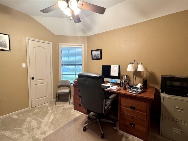7605 Bayonne Dr, Corpus Christi, TX 78414 - office with lofted ceiling, a ceiling fan, and light colored carpet
