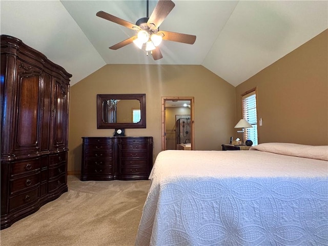 7605 Bayonne Dr, Corpus Christi, TX 78414 - bedroom featuring light carpet, vaulted ceiling, and ceiling fan
