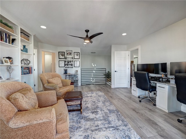 office area featuring ceiling fan and light hardwood / wood-style flooring