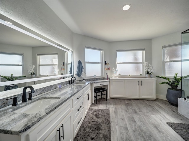 bathroom with hardwood / wood-style flooring, vanity, and plenty of natural light