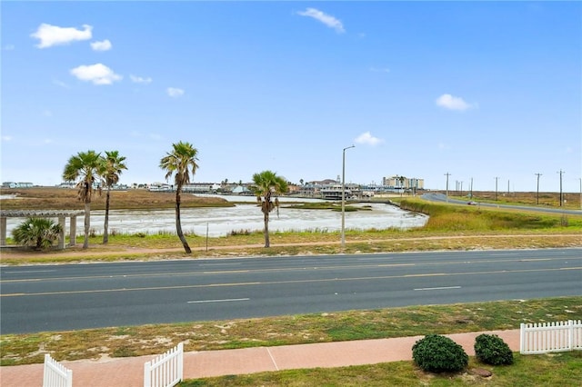 view of street featuring a water view