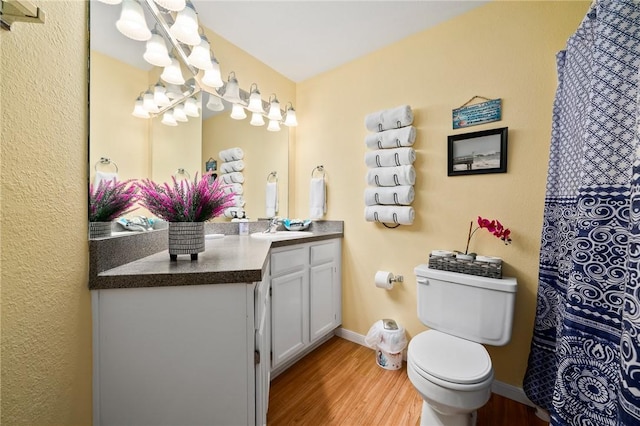 bathroom featuring toilet, vanity, and hardwood / wood-style floors