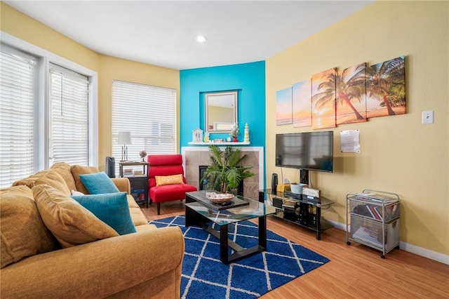 living room featuring a tiled fireplace and hardwood / wood-style flooring