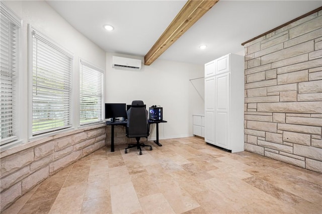 606 Grant Pl, Corpus Christi, TX 78411 - office area with beamed ceiling, a wall mounted AC, recessed lighting, and stone finish flooring