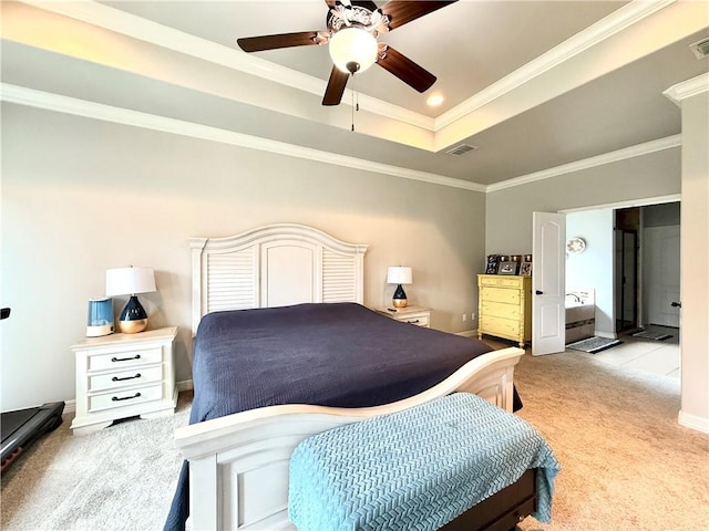 6717 Battery Park Ct, Corpus Christi, TX 78414 - bedroom featuring light colored carpet, a tray ceiling, crown molding, and a ceiling fan