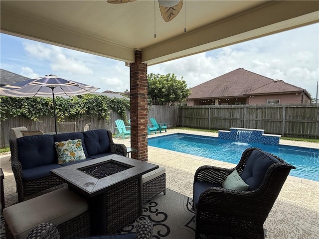 6717 Battery Park Ct, Corpus Christi, TX 78414 - view of pool with a fenced backyard, an outdoor living space with a fire pit, a ceiling fan, and a patio area