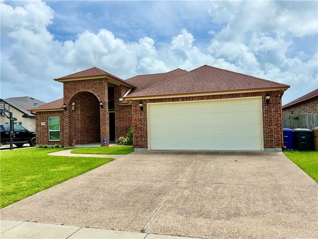 6717 Battery Park Ct, Corpus Christi, TX 78414 - view of front of house with concrete driveway, brick siding, a front lawn, an attached garage, and roof with shingles