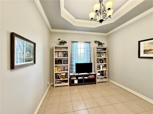 6717 Battery Park Ct, Corpus Christi, TX 78414 - sitting room with a chandelier, crown molding, light tile patterned floors, and a tray ceiling