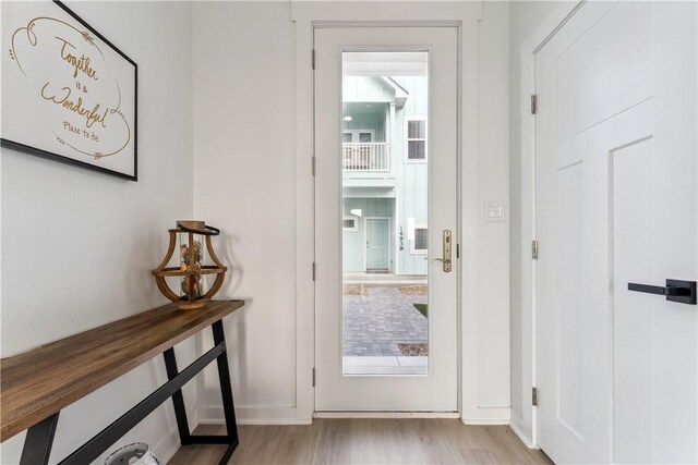 entryway with baseboards and wood finished floors