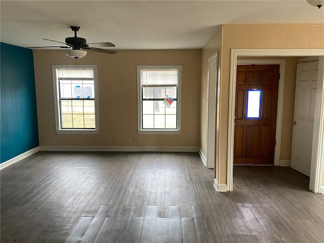 entryway featuring ceiling fan, a wealth of natural light, and dark hardwood / wood-style flooring