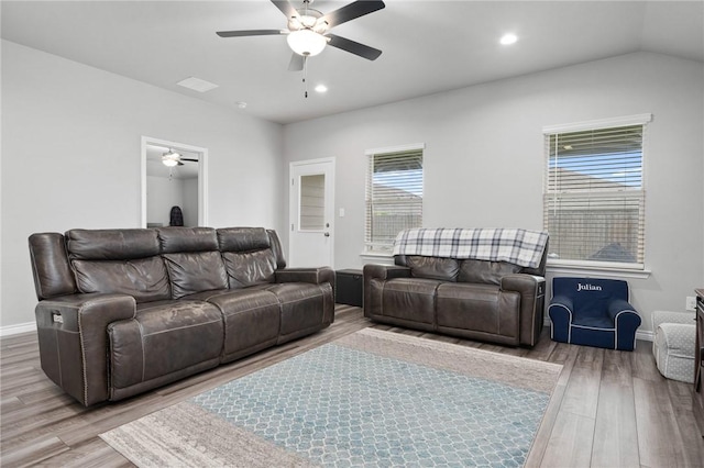 7218 Tristan, Corpus Christi, TX 78414 - living room with ceiling fan, wood finished floors, recessed lighting, baseboards, and vaulted ceiling
