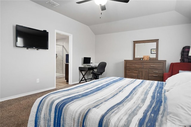 7218 Tristan, Corpus Christi, TX 78414 - carpeted bedroom with vaulted ceiling, a desk, baseboards, ceiling fan, and ensuite bathroom