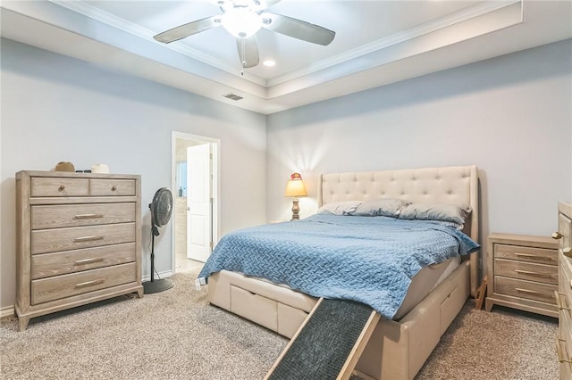 6705 Empire State Dr, Corpus Christi, TX 78414 - bedroom featuring carpet floors, ornamental molding, recessed lighting, a ceiling fan, and connected bathroom