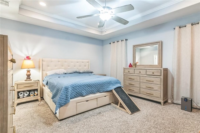 6705 Empire State Dr, Corpus Christi, TX 78414 - carpeted bedroom featuring a tray ceiling, crown molding, recessed lighting, and ceiling fan