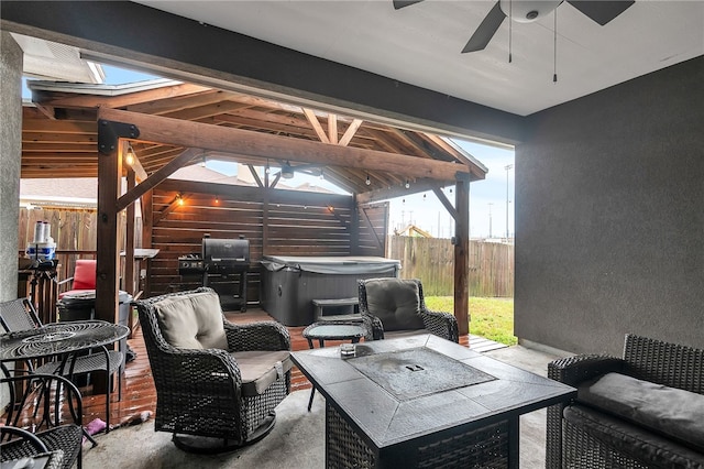 6705 Empire State Dr, Corpus Christi, TX 78414 - view of patio / terrace featuring a hot tub, a ceiling fan, outdoor lounge area, and a gazebo
