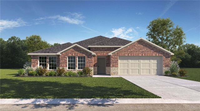 ranch-style house with a garage and a front lawn