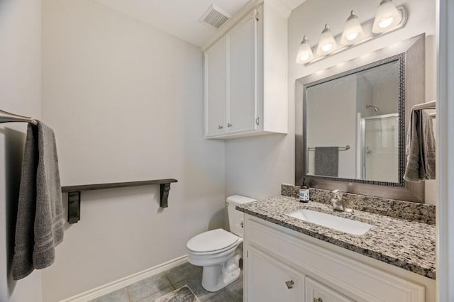 bathroom featuring a stall shower, baseboards, visible vents, toilet, and vanity