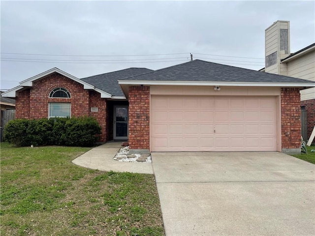 ranch-style home with a garage, a front yard, brick siding, and a shingled roof