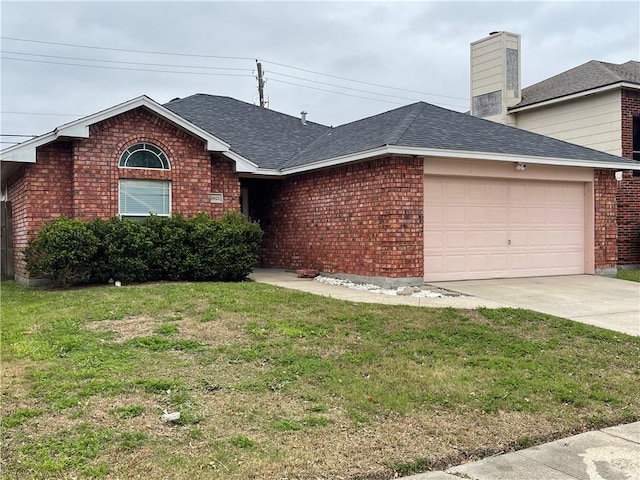 ranch-style home with a front yard and brick siding