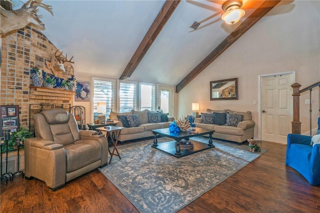 living room featuring beamed ceiling, ceiling fan, dark wood-type flooring, and high vaulted ceiling