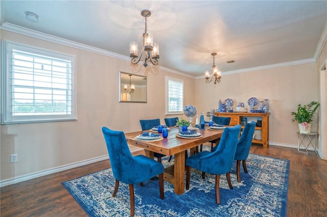 dining space with ornamental molding, dark hardwood / wood-style floors, and a notable chandelier