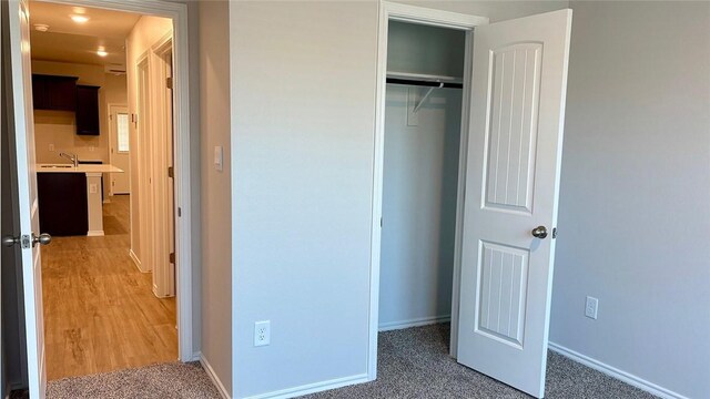 7933 Salais Dr, Corpus Christi, TX 78414 - unfurnished bedroom featuring a closet, baseboards, a sink, and light wood-type flooring