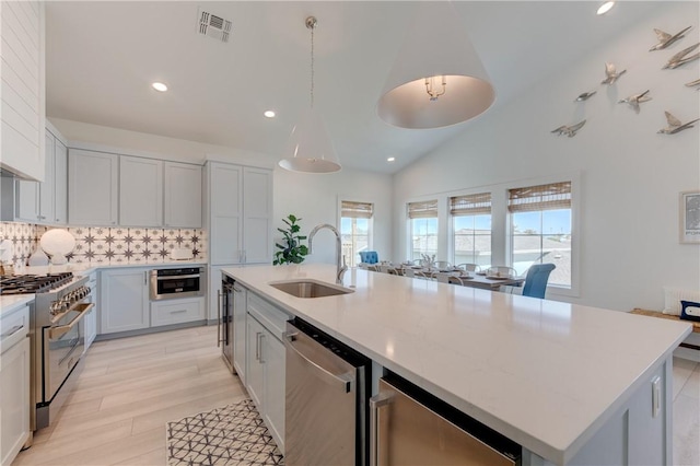 kitchen featuring sink, appliances with stainless steel finishes, decorative backsplash, a center island with sink, and decorative light fixtures