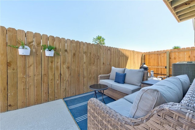 view of patio featuring outdoor lounge area and central air condition unit