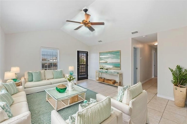 410 Knickerbocker St, Corpus Christi, TX 78418 - living room with light tile patterned floors, a ceiling fan, lofted ceiling, and baseboards