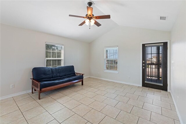 410 Knickerbocker St, Corpus Christi, TX 78418 - sitting room featuring ceiling fan, vaulted ceiling, baseboards, and light tile patterned floors