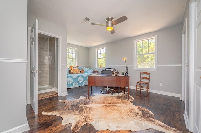 home office with ceiling fan and dark wood-type flooring