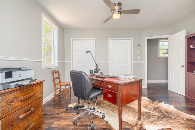 office featuring dark hardwood / wood-style flooring and ceiling fan