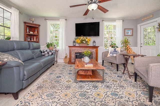 living room featuring ceiling fan