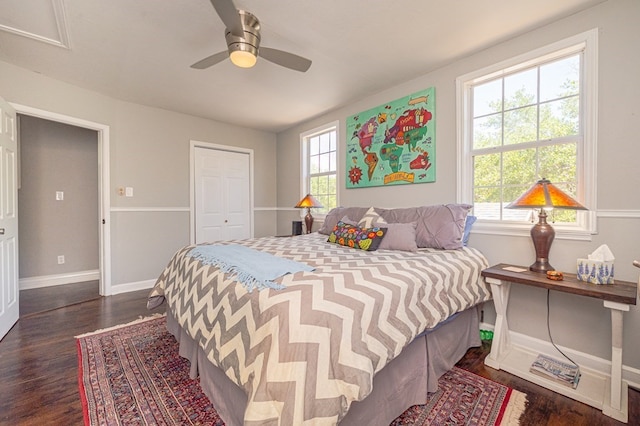 bedroom with multiple windows, ceiling fan, a closet, and dark hardwood / wood-style floors