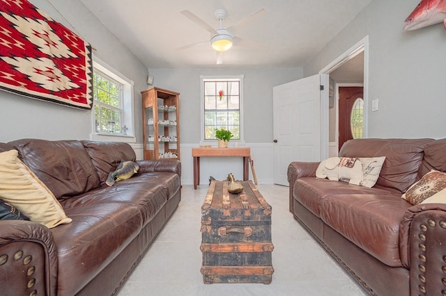 living room featuring ceiling fan