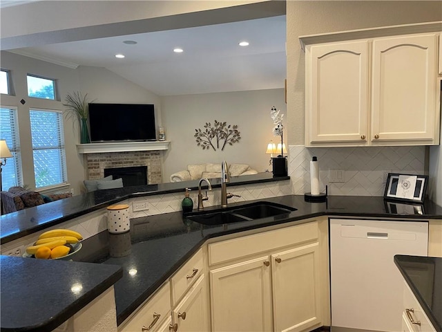 5413 Fisher Cir, Corpus Christi, TX 78413 - kitchen with dishwasher, tasteful backsplash, open floor plan, white cabinetry, and recessed lighting