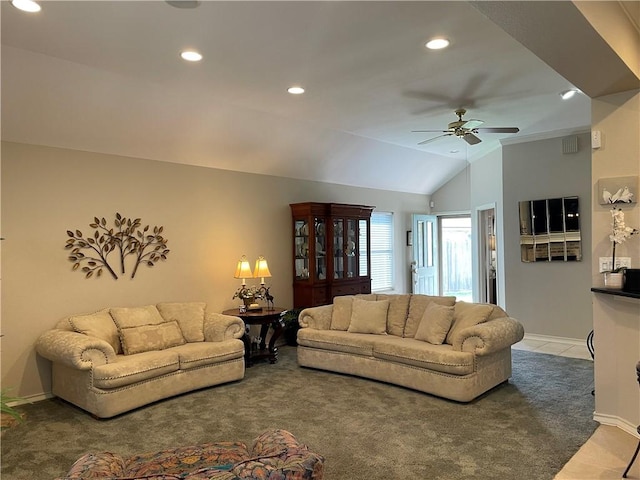 5413 Fisher Cir, Corpus Christi, TX 78413 - living area featuring light colored carpet, ceiling fan, recessed lighting, and lofted ceiling