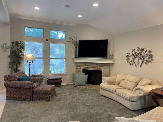 5413 Fisher Cir, Corpus Christi, TX 78413 - carpeted living room featuring recessed lighting, plenty of natural light, ornamental molding, a brick fireplace, and lofted ceiling