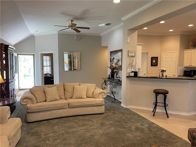 5413 Fisher Cir, Corpus Christi, TX 78413 - living area featuring ceiling fan, recessed lighting, light tile patterned floors, crown molding, and vaulted ceiling