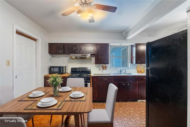 3730 Lincoln St, Corpus Christi, TX 78415 - kitchen featuring black appliances, under cabinet range hood, ceiling fan, brick patterned flooring, and light countertops