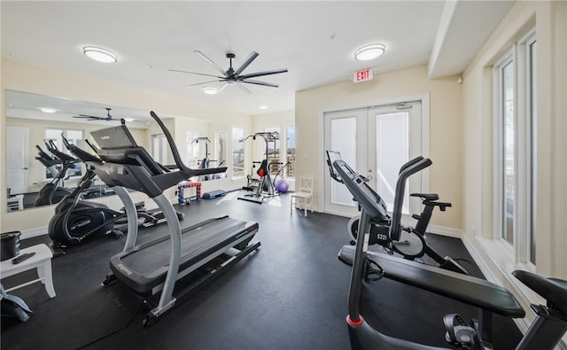 15101 Boca Grandi Dr, Corpus Christi, TX 78418 - workout area featuring baseboards, french doors, and a ceiling fan