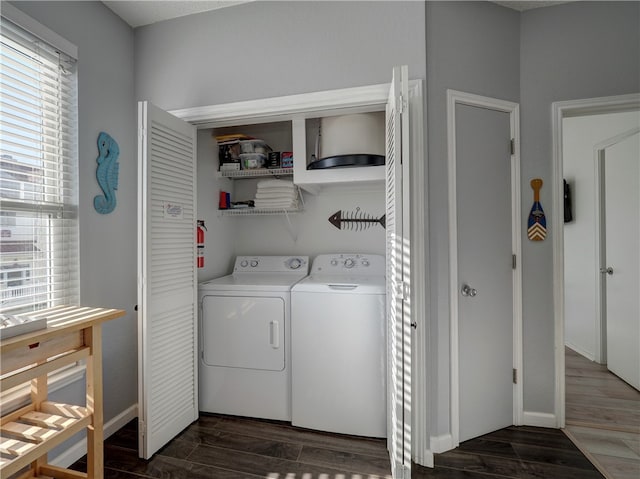 washroom featuring dark wood-type flooring and independent washer and dryer