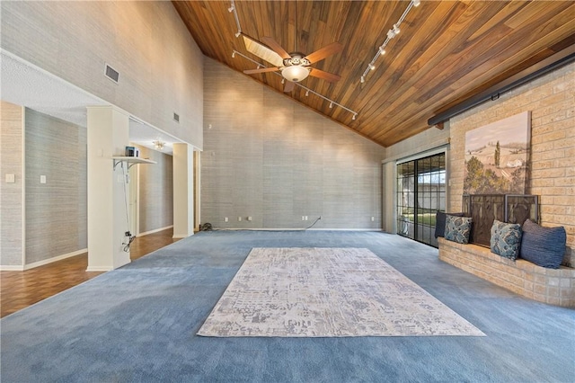 6031 Lost Creek Dr, Corpus Christi, TX 78413 - carpeted living room featuring high vaulted ceiling, wooden ceiling, ceiling fan, rail lighting, and visible vents