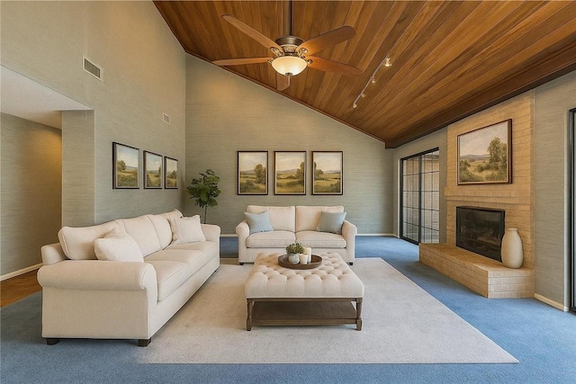 6031 Lost Creek Dr, Corpus Christi, TX 78413 - living area with high vaulted ceiling, carpet, wooden ceiling, baseboards, and visible vents