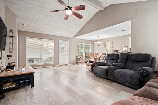 living room with beamed ceiling, high vaulted ceiling, ceiling fan with notable chandelier, and light wood-type flooring