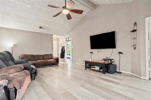 living room with beam ceiling, ceiling fan, high vaulted ceiling, and light wood-type flooring