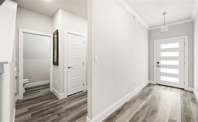 foyer with crown molding and hardwood / wood-style flooring