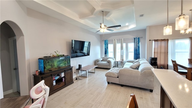 living room with light wood-type flooring, beamed ceiling, ceiling fan, and coffered ceiling