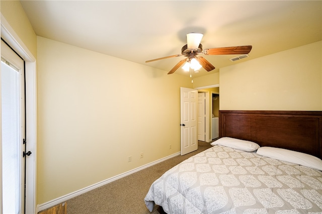 bedroom featuring ceiling fan and carpet floors